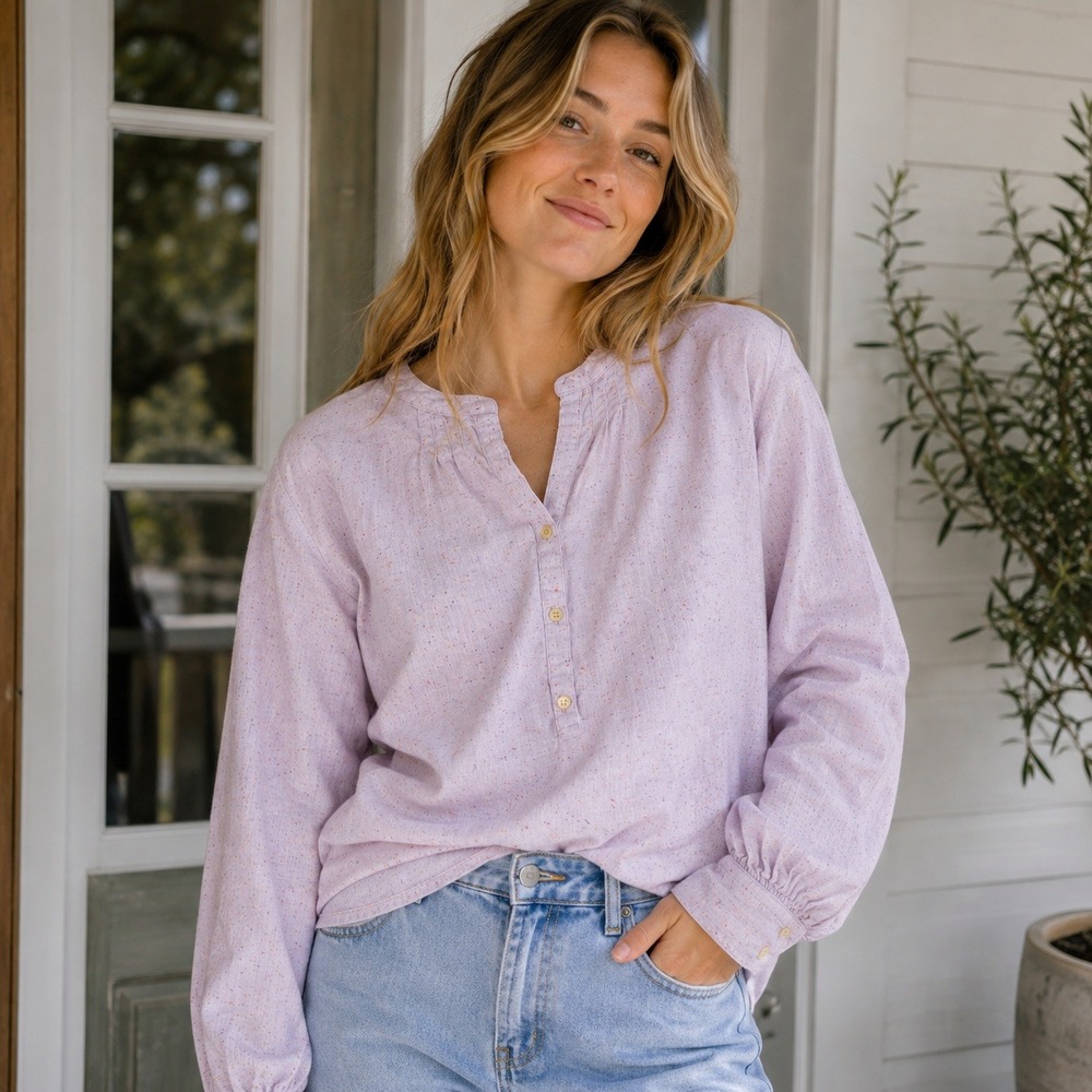 J.Crew Blouse Women M Pink/Lavender Confetti Henley Balloon Sleeve Pleated